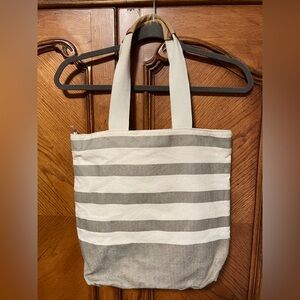 Bath & Body Canvas Bag Tote Beige Striped Metallic Floral Design Lining